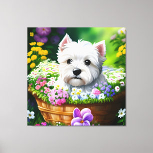 Cute Westie White Terrier Puppies i Basket 5 Canvastryck