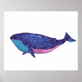 Cute Whale Art Teckning i Ocean Blue Poster