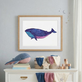 Cute Whale Art Teckning i Ocean Blue Poster