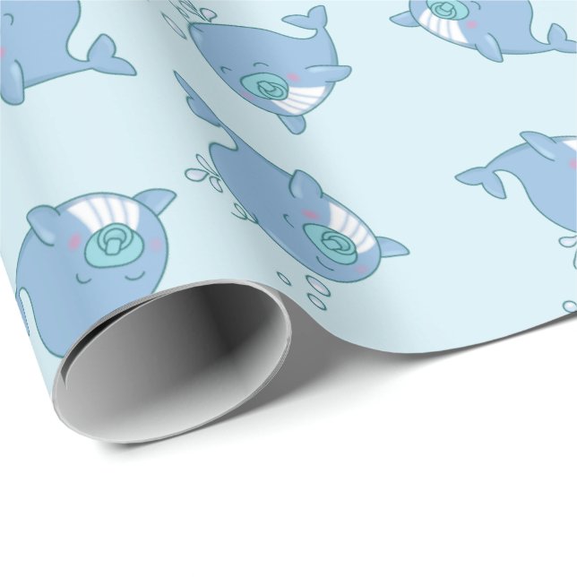 Cute Whale Baby Shower Kawaii Boy Blue Presentpapper (Rullad Hörn)