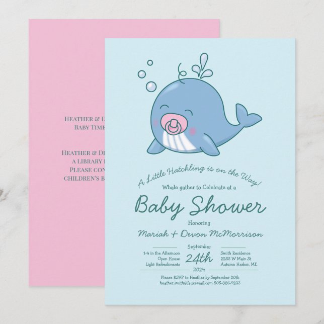 Cute Whale Baby Shower Kawaii-inbjudan Flickans Ro Inbjudningar (Fram/baksida)