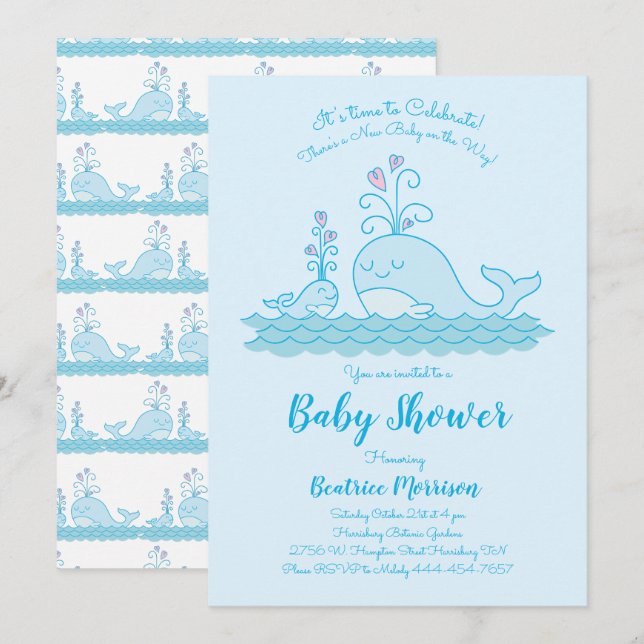 Cute Whale Baby Shower Ocean Gender Neutral Blue Inbjudningar (Fram/baksida)