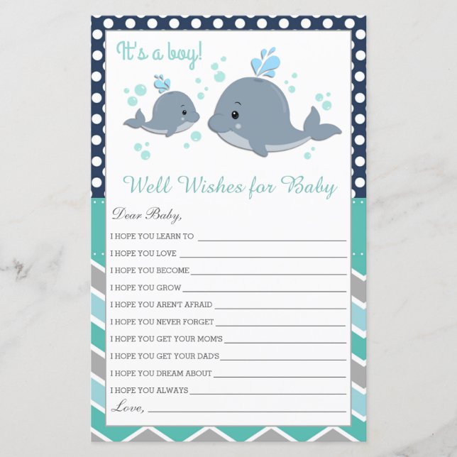 Cute Whale Baby Shower well Önskemål för Baby Card (Framsida)