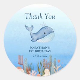 Cute Whale Blue Sea Coral Reef Birthday Tack Runt Klistermärke