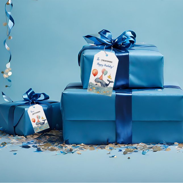 Cute Whale Boys Birthday Presentetikett (Skapare uppladdad)