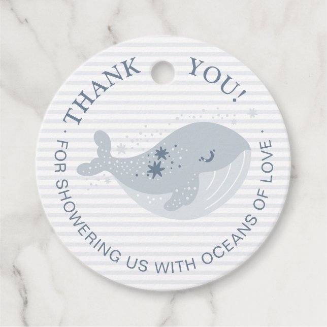 Cute Whale Dusty Blue Rand Boy Shower Gåvor Etiketter (Framsida)