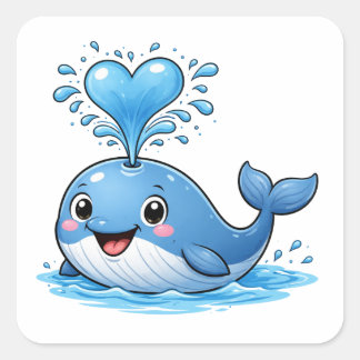 Cute Whale Heart Water Cartoon Art Sticker Fyrkantigt Klistermärke