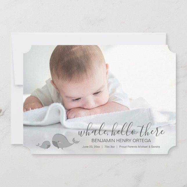 Cute Whale Hej Där Baby Photo Notice Meddelande (Framsida)