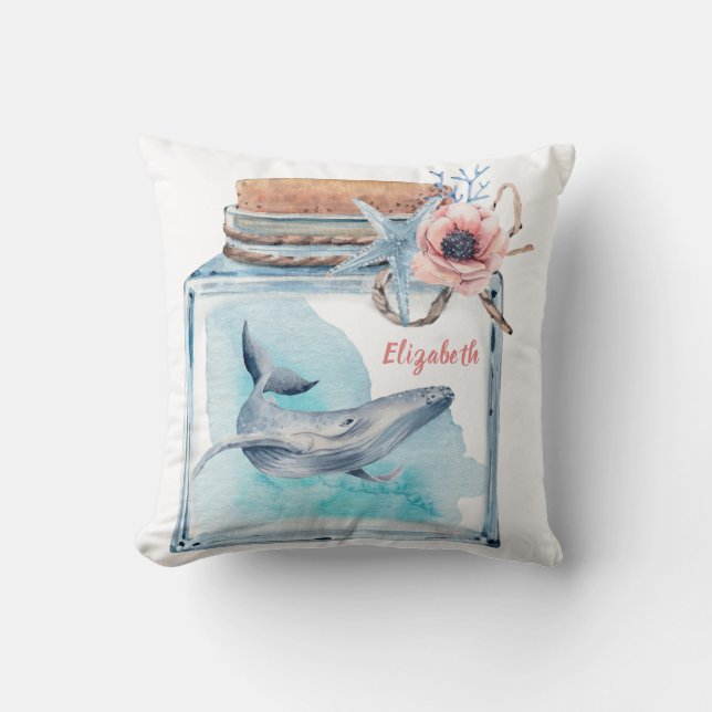Cute Whale i Burk med Namn Kudde (Framsida)