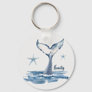 Cute Whale in Sea with Namn Nyckelring