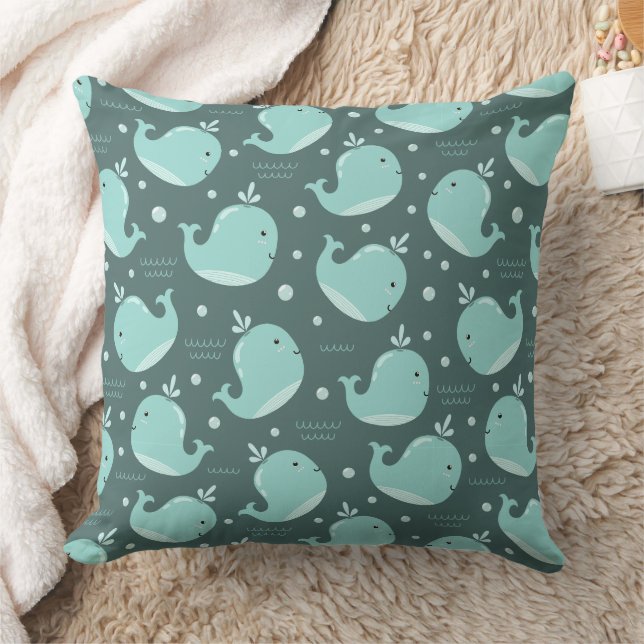 Cute Whale Mönster på Teal Blue Kids Kudde (Filt)