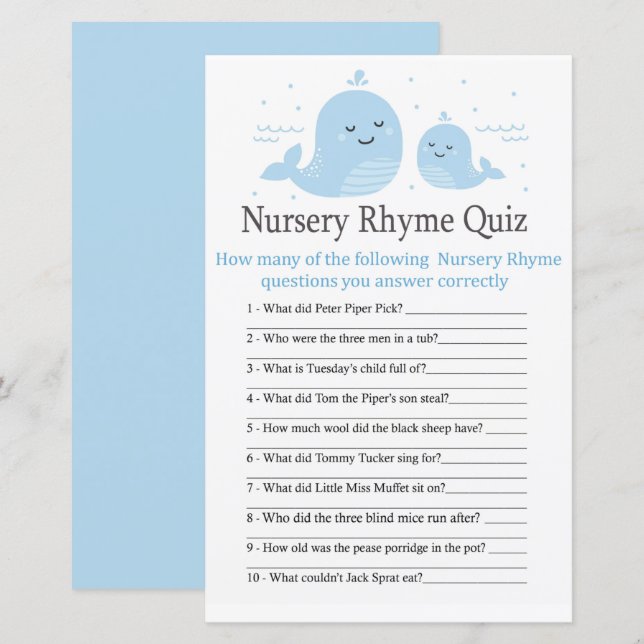 Cute Whale Nursery Rhyme Quiz-babyduschspel (Fram/baksida)