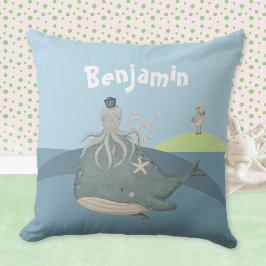 Cute Whale Octopus Fiskmås Kids Namn Dekorativ kud Kudde