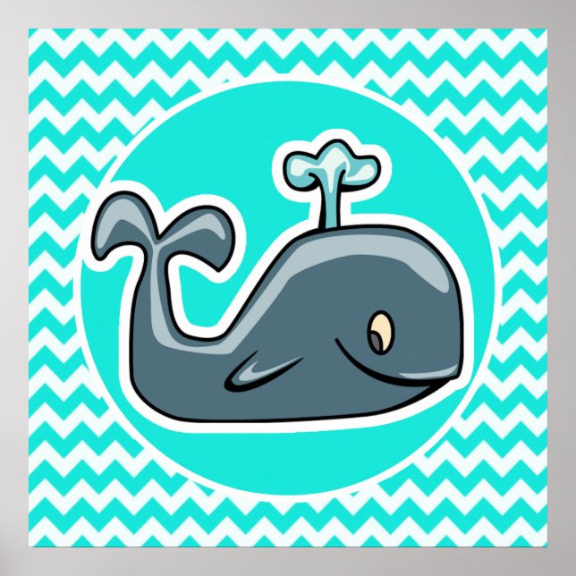 Cute Whale on Turcoise, Aqua Färg Chevron Poster (Framsidan)