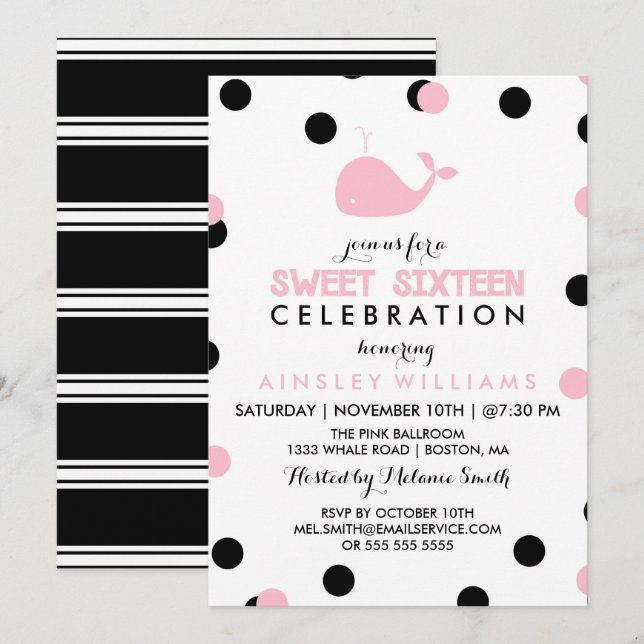 Cute Whale | Svarta och Rosa Sweet sixteen Party Inbjudningar (Fram/baksida)