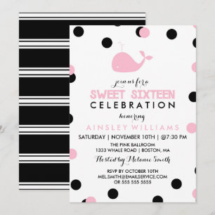 Cute Whale Svarta och Rosa Sweet sixteen Party Inbjudningar