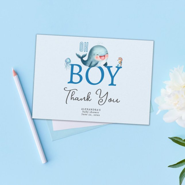 Cute Whale under Sea Boy Shower Tack Kort (oh boy cute whale under the sea baby shower thank you card watercolor ocean beach)
