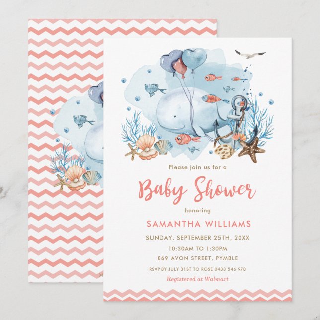 Cute Whale under Sea Coral Girl Baby Shower Inbjudningar (Fram/baksida)