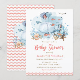Cute Whale under Sea Coral Girl Baby Shower Inbjudningar