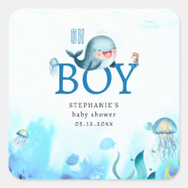 Cute Whale under Sea Watercolor Boy Shower Fyrkantigt Klistermärke