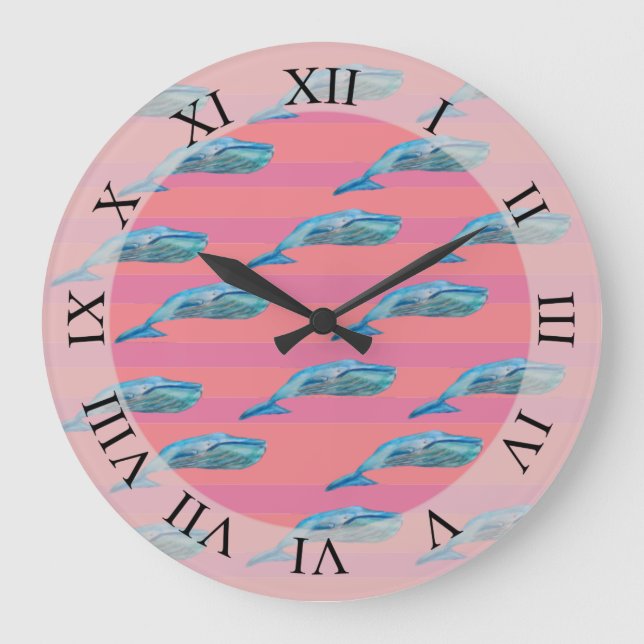 Cute Whales Fish Art Rosa Rand Mönster Anpassnings Stor Klocka (Framsida)