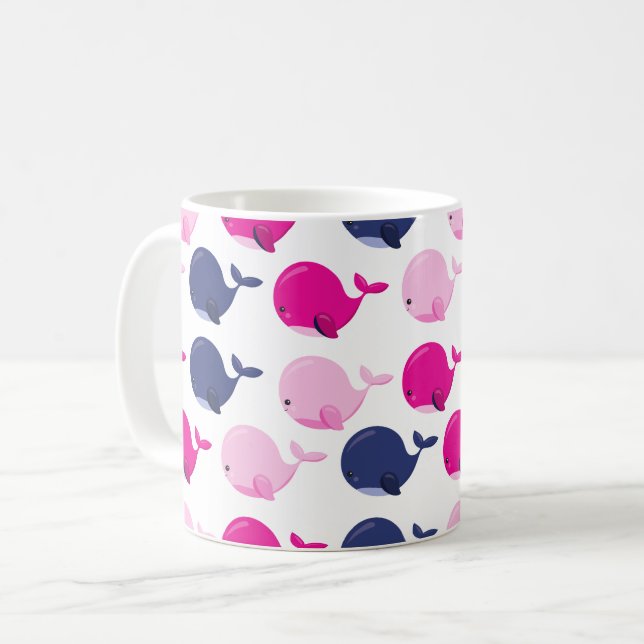 Cute Whales, Mönster av valar, havsdjur Kaffemugg (Framsida vänster)