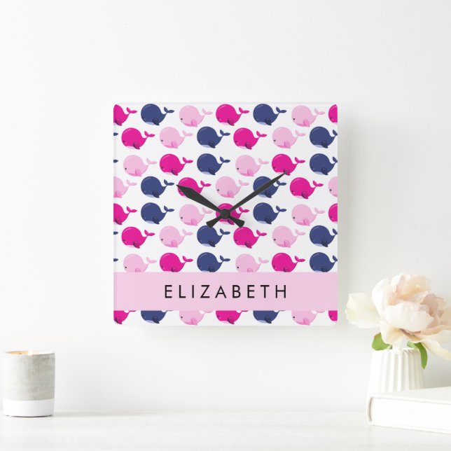 Cute Whales, Mönster, ditt namn Fyrkantig Klocka (Hem)