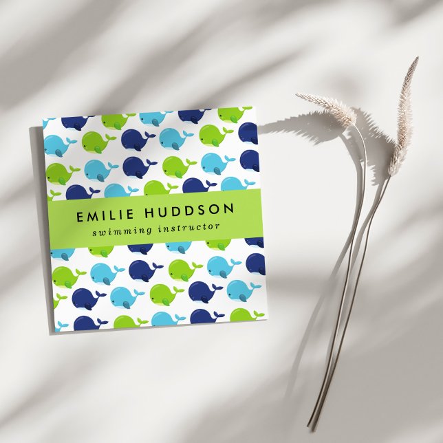 Cute Whales, Simma Instructions, Swimming Coach Fyrkantigt Visitkort (Skapare uppladdad)