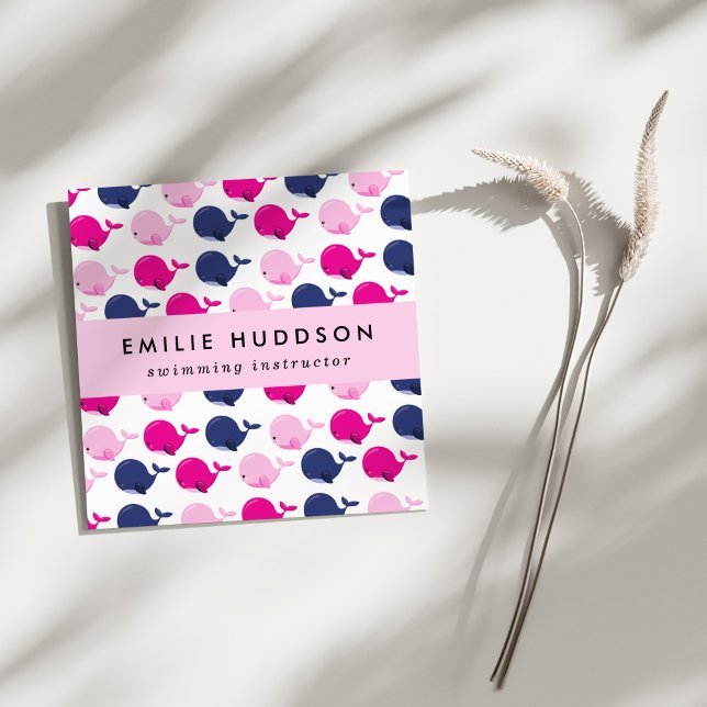 Cute Whales, Simma Instructions, Swimming Coach Fyrkantigt Visitkort (Skapare uppladdad)