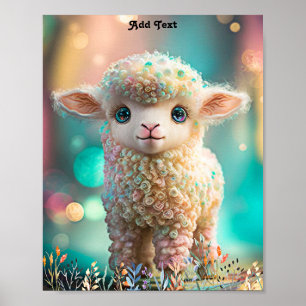 Cute Whimsic Colorful Baby Lamb Animal Wall Art Poster