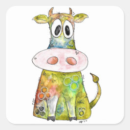 Cute Whimsic Colorful Cow Fyrkantigt Klistermärke