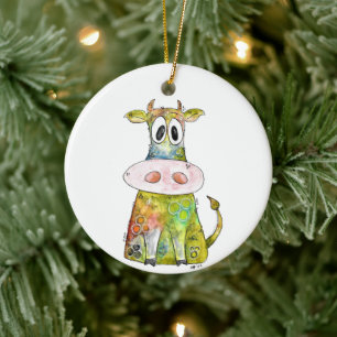 Cute Whimsic Colorful Cow Julgransprydnad Keramik
