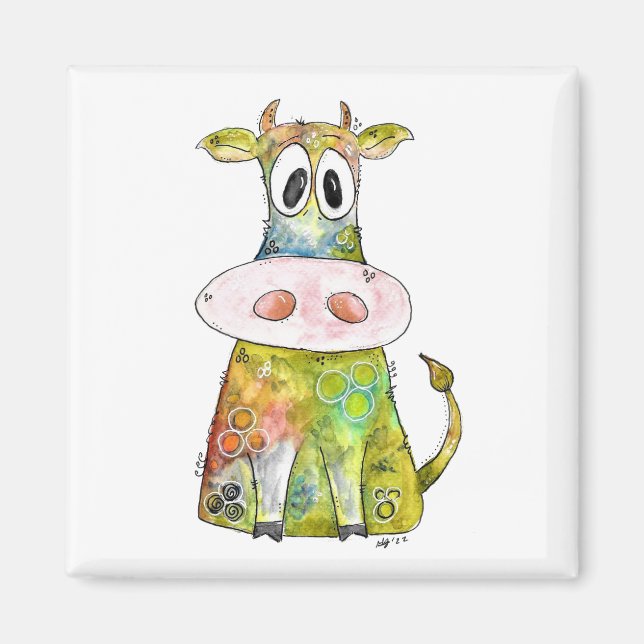 Cute Whimsic Colorful Cow Magnet (Framsidan)
