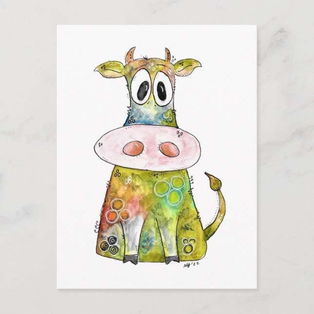Cute Whimsic Colorful Cow Vykort (Framsida)