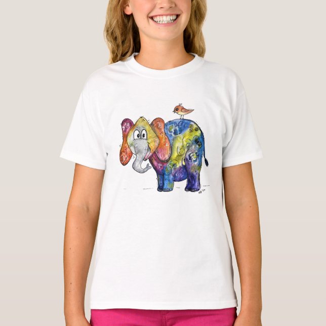 Cute Whimsic Colorful Elephant T-Shirt (Framsida)