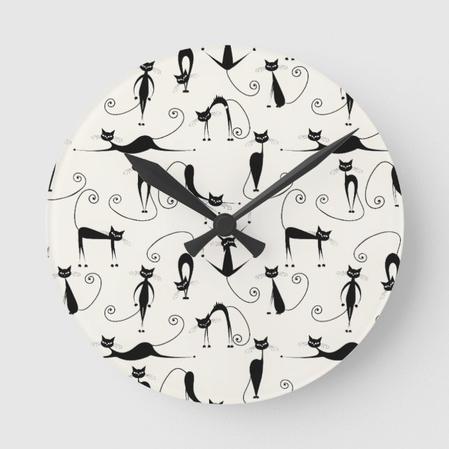 Cute Whimsic Playful Slinky Svarta katter Rund Klocka (Framsida)