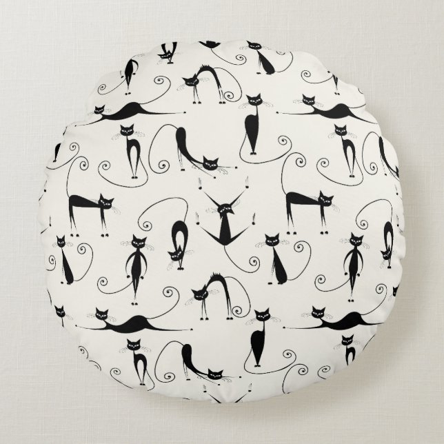 Cute Whimsic Playful Slinky Svarta katter Rund Kudde (Framsidan)