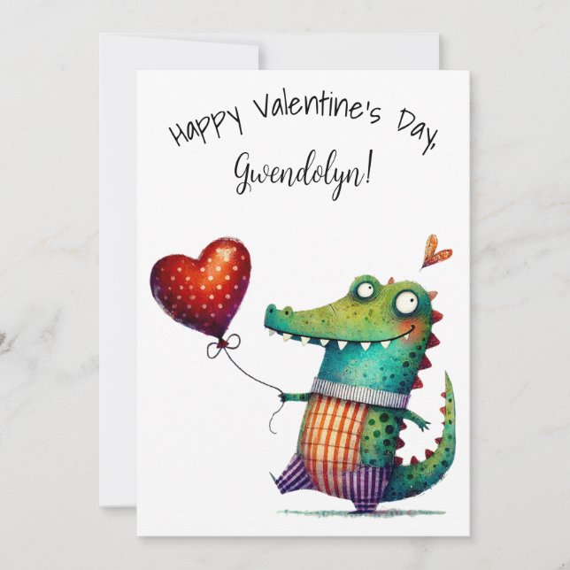 Cute Whimsical Alligator Valentine's Day Flat Kort (Framsida)