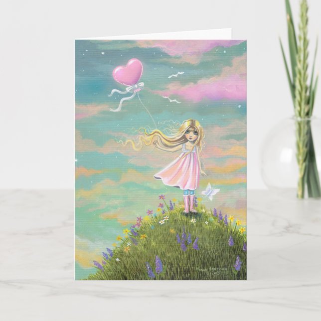 Cute Whimsical Art Girl med hjärtballong Helgkort (Framsida)