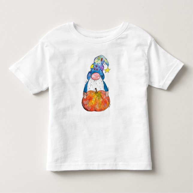 Cute Whimsical Autumn Gnome med Pumpkin T Shirt (Framsida)