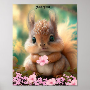 Cute Whimsical Baby Squirrel Rosa Flowers Poster