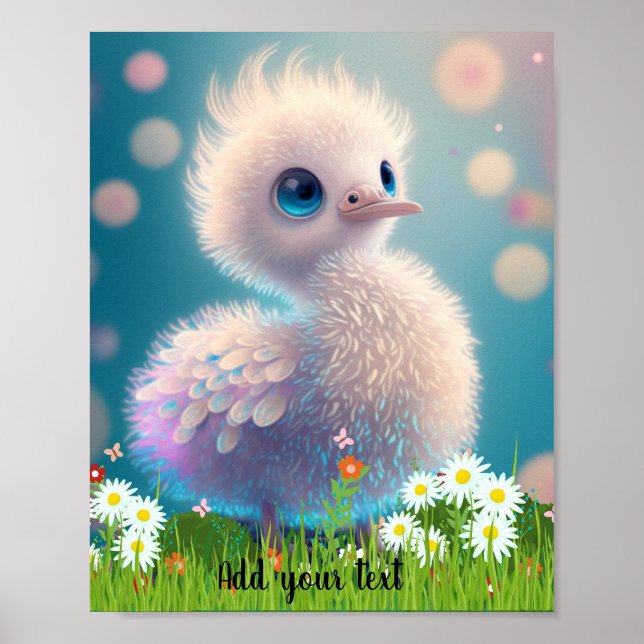 Cute Whimsical Baby Stork Illustration Bird Daisy Poster (Framsidan)