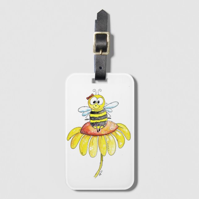 Cute Whimsical Bee på en blomma Bagagebricka (Framsida vertikal)