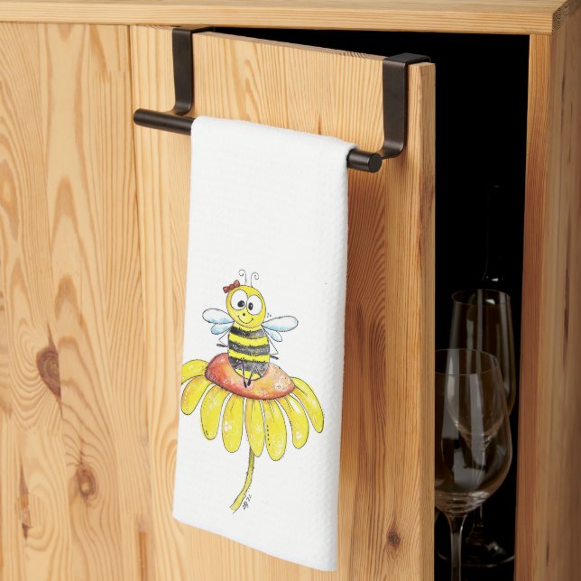 Cute Whimsical Bee på en blomma Kökshandduk (Thirds Fold)