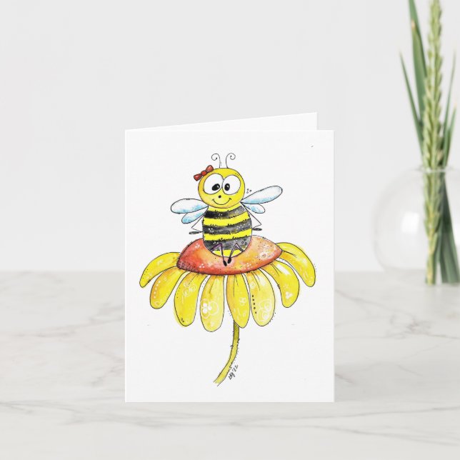 Cute Whimsical Bee på en blomma Kort (Framsida)