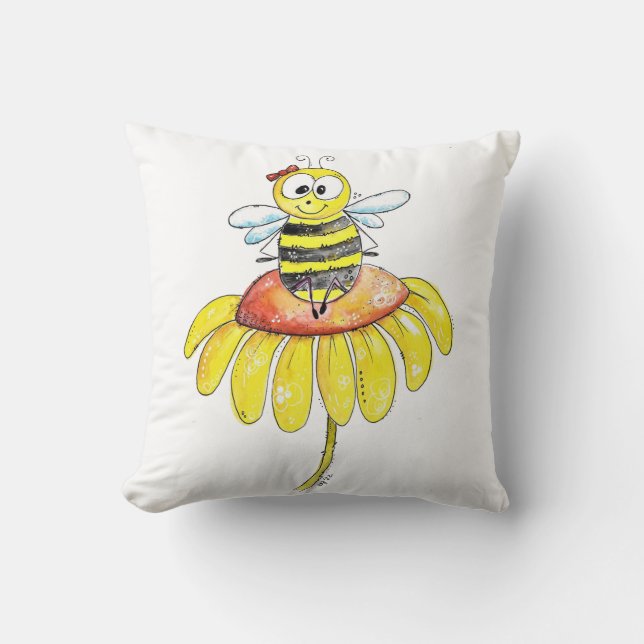 Cute Whimsical Bee på en blomma Kudde (Framsida)