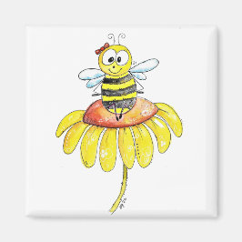 Cute Whimsical Bee på en blomma Magnet