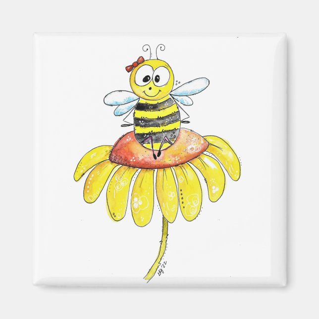 Cute Whimsical Bee på en blomma Magnet (Framsidan)