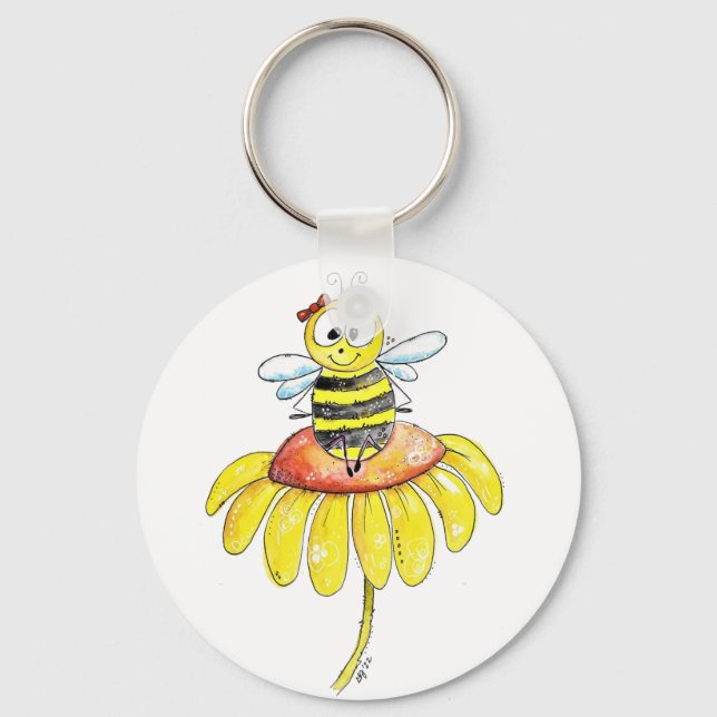 Cute Whimsical Bee på en blomma Nyckelring (Framsida)