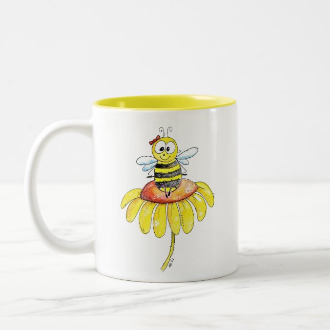 Cute Whimsical Bee på en blomma Två-Tonad Mugg (Vänster)